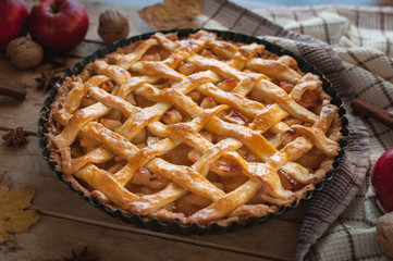 Close-up of homemade apple pie on wooden background
