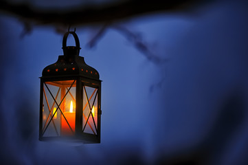 Candle lantern hanging from tree branch. © ekim