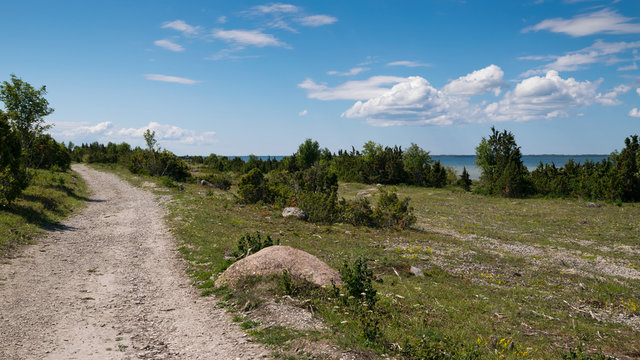 Hiking trail in the cape of Kassari island in Estonia.