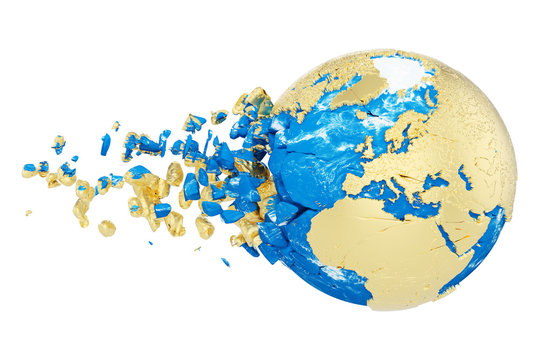 Broken shattered planet earth globe isolated on white background. Gold metallic world with particles and debris.