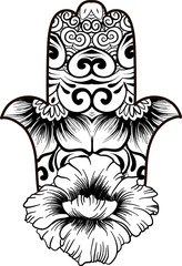 drawing of a line art Hand of Fatima Hamsa with round ethnic black and white pattern on a white background. Hand drawn tribal vector stock illustration, can be used as a coloring page