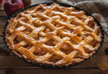 Close-up of homemade apple pie on wooden background
