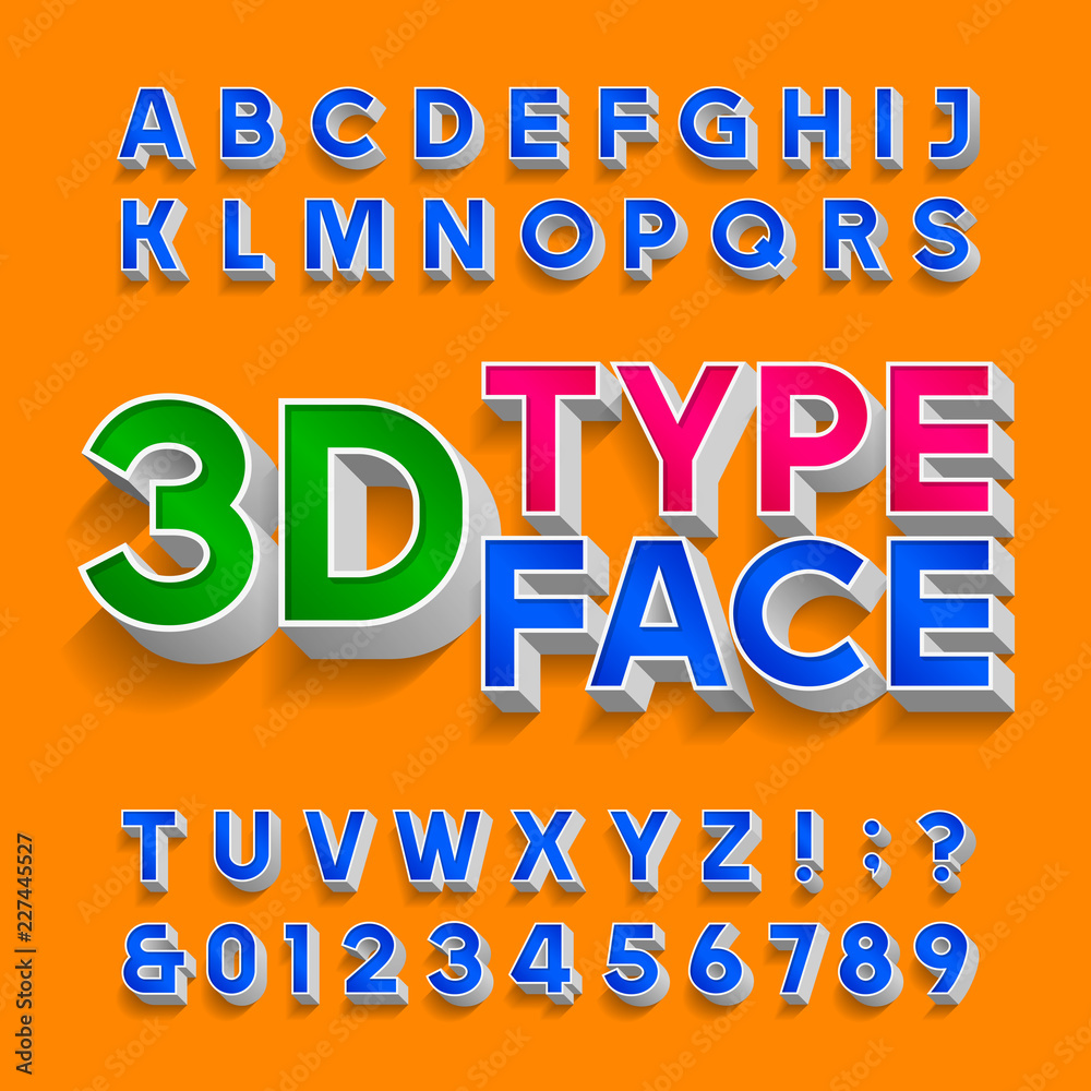 Fototapete 3d alphabet font. three-dimensional typscript. letters, numbers and symbols with shadow. stock vecto