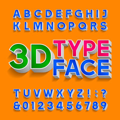3D alphabet font. Three-dimensional typscript. Letters, numbers and symbols with shadow. Stock vector typography for your design.