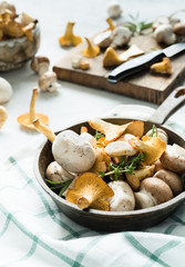 Verschiedene Pilze in einer gusseisernen Pfanne Pfifferlinge Champignons und Rosmarin in der...