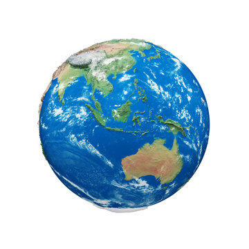 Planet earth globe isolated on white background. Blue and green realistic world. Earth day celebration.