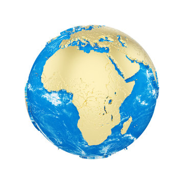 Planet earth globe isolated on white background. Gold metallic continents and blue ocean. Earth day celebration.