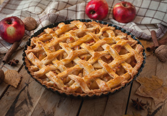 Homemade apple pie on wooden background - obrazy, fototapety, plakaty