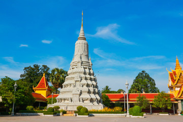 PHNOM PEHN- MARCH 2017, Phnom Penh tourist attraction and famouse landmark - Royal Palace ceremonial pagoda complex, Cambodia with blue sky background