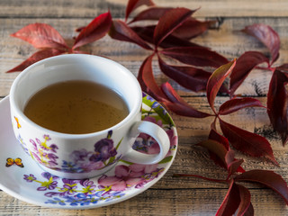 Cup of tea with autumn leaves