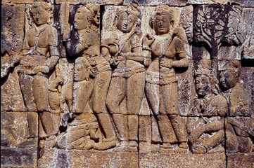 Reliefs im Borobodur (Java) - Darstellungen aus dem Leben des Buddha