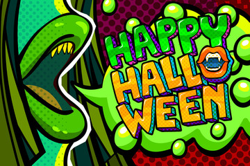 Halloween illustration. Open green mouth with fangs and Happy Halloween Message in pop art style.