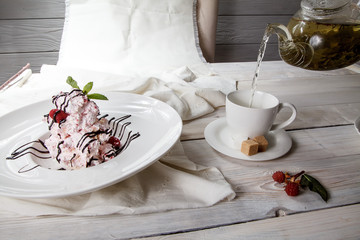 Raspberry pavlova desserts / Sweet meringue delicious dessert with raspberry cream