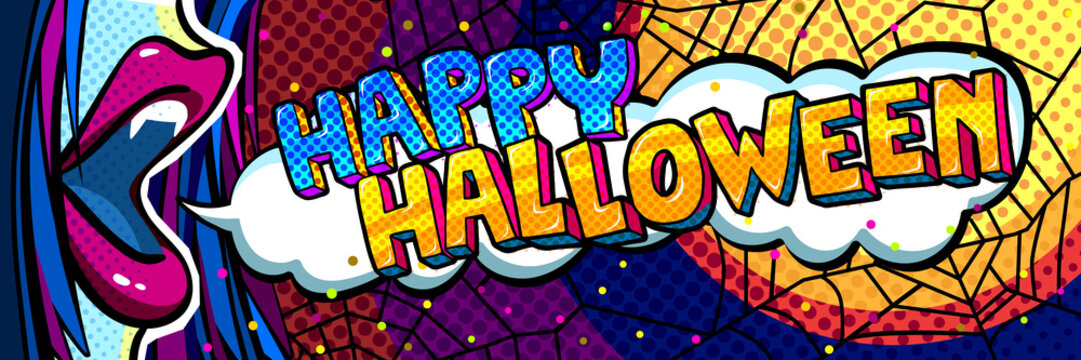 Halloween illustration. Open blue mouth with fangs and Happy Halloween Message in pop art style.
