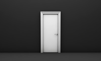 Open white door in a black empty room 3d render