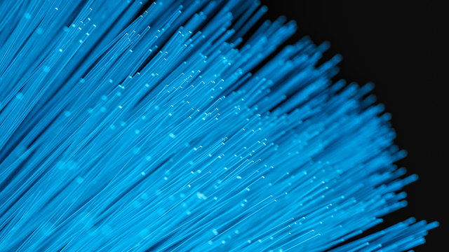 3D Render Fiberoptic cables glowing neon blue 