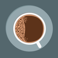 top view black coffee in white cup flat background.