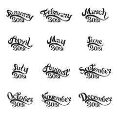 The names of all months 2020 written by hand. Lettering. Beautiful letters on white background. Isolated image for invitations, calendars, t-shirt prints