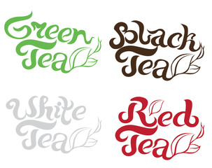 black tea, green tea, white tea, red tea beautiful lettering writing for postcards, banner posters, Souvenirs, packaging, textiles and other things. vector illustration on white background.