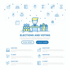 Election and voting concept with thin line icons: voters, ballot box, inauguration, corruption, debate, president, political victory. Vector illustration, web page template.