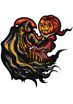 Halloween emblem Pumpkin Hamlet/ Illustration a headless character Jack holding a pumpkin head