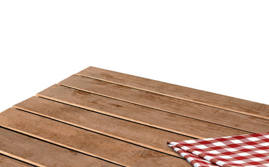 Perspective view of empty wood or wooden table corner on white background including clipping path