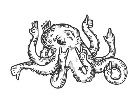 Fantastic fabulous octopus animal with human hands engraving vector illustration. Scratch board style imitation. Black and white hand drawn image.