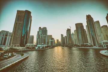 Beautiful sunset skyline of Dubai Marina, United Arab Emirates