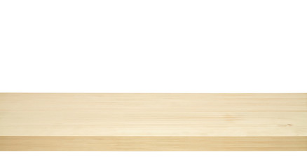 Empty maple table edge at from low angle on white background including clipping path
