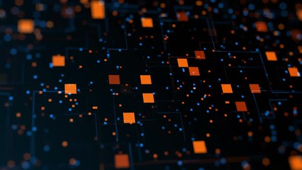 Abstract technological background of flickering red squares, blue particles and lines appearing randomly in dark digital space