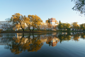 Golden autumn in the city park (Novodevichy monastery in Moscow)