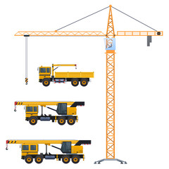 Vector crane and truck crane, set of construction equipment, orange truck crane