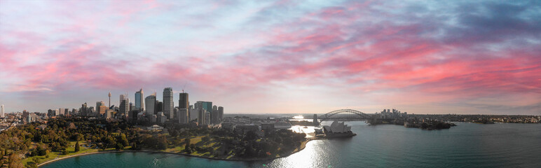 Sydney Harbour aerial panoramic view at sunset, New South Wales, Australia