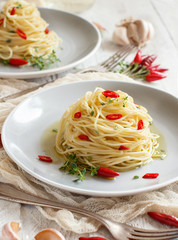 Spaghetti with garlic, olive oil and hot red pepper