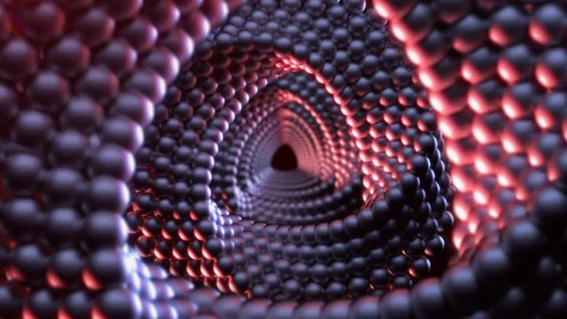 Hypnotizing 3D animation of triangular Mobius spirals with surface made of spheres rotating and creating tunnel