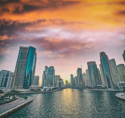 Fototapeta na wymiar Beautiful sunset skyline of Dubai Marina, United Arab Emirates