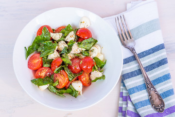 Delicious caprese salad with cherry tomatoes and mozzarella cheese with basil on a plate with a napkin and a fork on a bright table