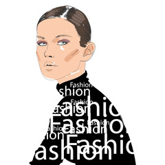 Beautiful Woman Wearing Black Turtleneck. Glamour fashion beauty woman face illustration in ink style. Vector illustration. Print with the fashion