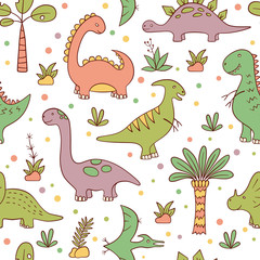 Dinosaurs and prehistoric plants. Vector seamless pattern in doodle and cartoon style. Hand drawn.