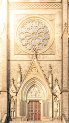 Main gate and portal of Church of St. Ludmila at the Peace Square, aka Namesti Miru, in Prague, Czech Republic.