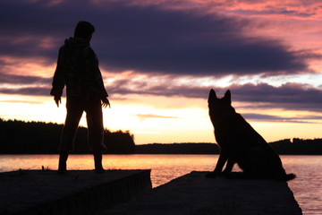 Man, dog, evening