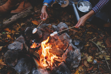 Two young girls friends roasting sweet marshmallow on a fire in the evening in the autumn forest.