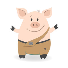 Simpe cartoon pig with the smilling face, which wants hugs. Vector illustration isolated on a white background.