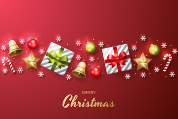 Merry Christmas background with shining gold and white ornaments. Red Background. Vector illustration