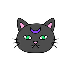 Cute hand drawn spooky cat vector illustration. Halloween themed, witch black cat head, isolated.