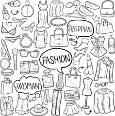 Obraz premium Fashion Clothes Woman Traditional Doodle Icons Sketch Hand Made Design Vector