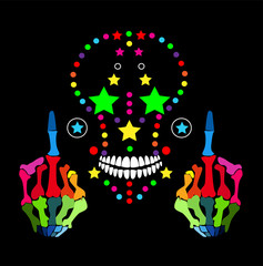 Colorful skull icon with middle fingers up, backgroud 