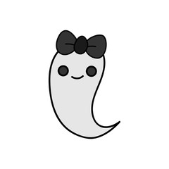 Cute hand drawn spooky girly ghost vector illustration. Halloween scary white spook with black ribbon bow, isolated.