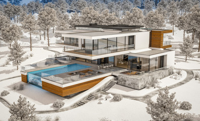 Fototapeta na wymiar 3d rendering of modern cozy house by the river with garage. Cool winter day with shiny white snow. For sale or rent with beautiful mountains on background