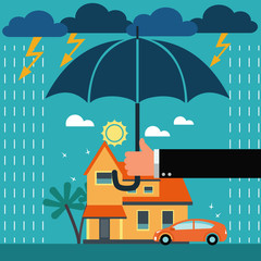 Fototapeta na wymiar Business woman with umbrella standing under thunderstorm protecting 6 icons: house, car, yacht, shopping cart, furniture and holiday vacation. Saving and investing money